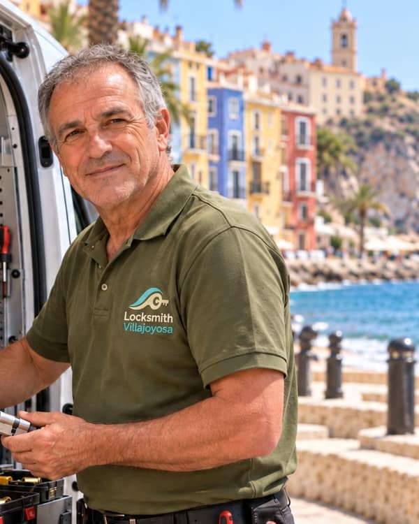 Beside the open side door of a van, a smiling man in an olive polo holds a new brass door cylinder; colourful houses and a calm sea behind.