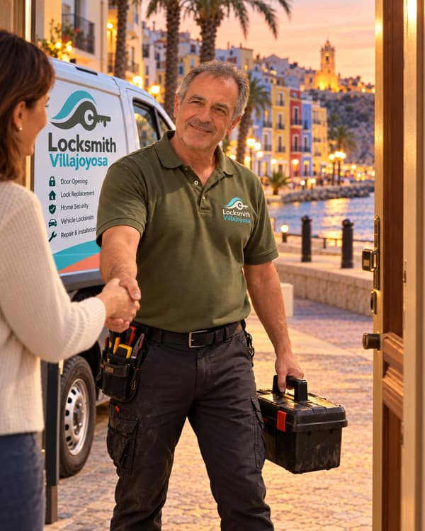 Evening light on a waterfront: a locksmith with a black tool case greets a customer at her doorway while lamps come on along the promenade.